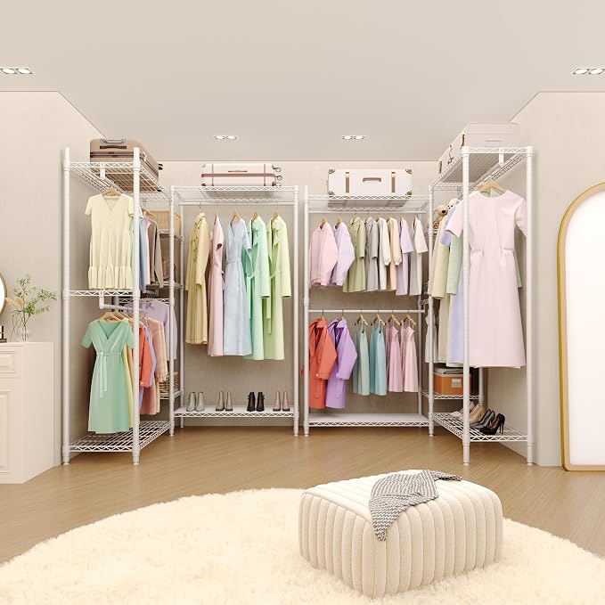 Heavy Duty Clothes Rack with Shelves, 71" H Freestanding Closet Organizer System, Large Capacity 3-Unit Metal Garment Rack L-shaped Combo for Hanging Clothes, Bedroom & Laundry Room, 85.4"L x 17.4"W