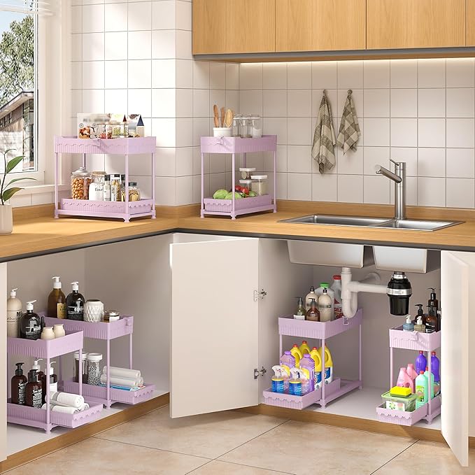 Sevenblue 3 Pack Under Sink Organizers, 2-Tier Multi-Use Kitchen and Bathroom Organizers and Storage with Sliding Drawers, Bathroom Cabinet Organizer (Pink, 14.8 Inch) | Multi-use kitchen & bathroom storage, 14.8 inch pink cabinet organizer, space-savi...
