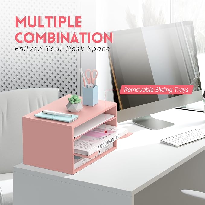 3 Tier Wood Desk Organizer, Mail Sorter and Paper Organizer for Desk, Pink | Wooden Desktop Organizer for Sorting Papers, Letters and Mails, Literature Organizer for Home Office, Classroom Organization