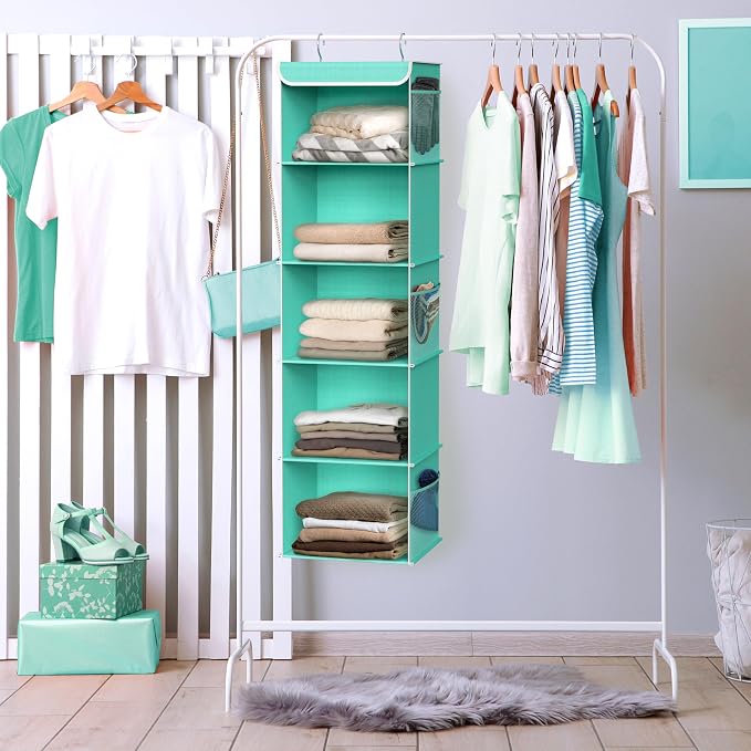 Simple Houseware 5 Shelf Hanging Closet Organizer, Turquoise | 360° Rotating Dual Hooks, Top Support Metal Frame, 6 Side Mesh Pockets