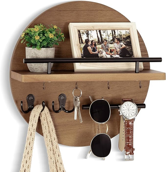 dreampossible Key Holder for Wall Decorative with Shelf and Hooks, Mail Organizer Wall Mount with Sunglasses Holder, Circular Design Entryway Key Rack Hanger, Rustic Home Decor
