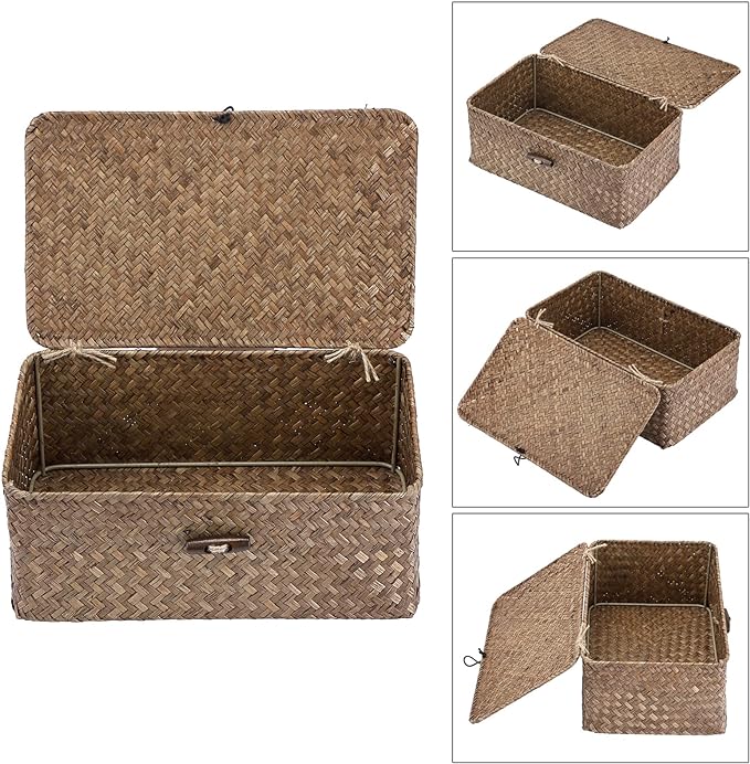 Sumnacon Small Wicker Basket with Lid Rectangle Woven Baskets for Toiletries Tampon Storage,Wicker Storage Basket with Lid,Decorative Seagrass Storage Baskets for Shelf Bathroom Toilet Table,Coffee