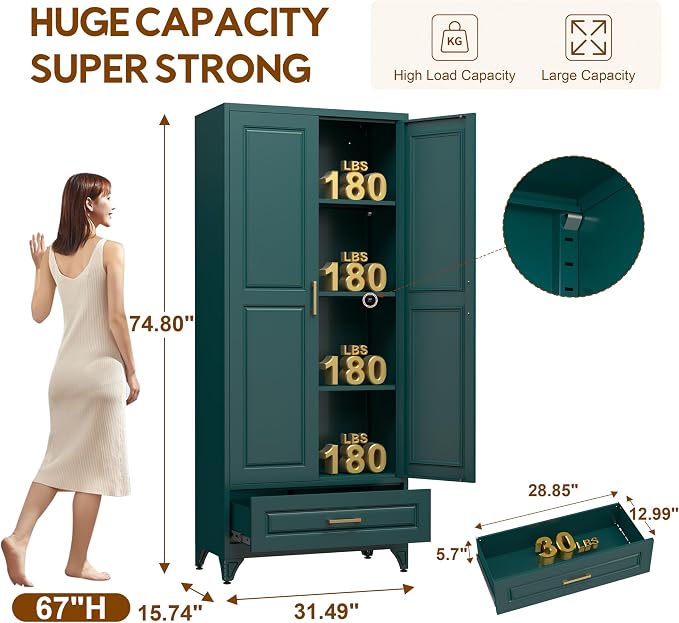 UNICOLY 75" Kitchen Pantry Cabinet,Metal Storage Cabinet with Drawer, | Tall Storage Cabinet with Doors and 4 Shelves,for Kitchens, Living Room, Dinning Room, Assembly Required, Green