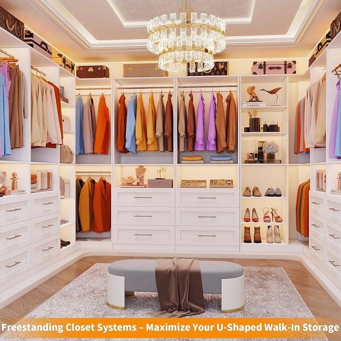 Closet System with 3 Drawers, Corner Closet Organizer Systems with 7 Shelves & 5 Hanging Rods L-Shaped Walk in Closet Freestanding Corner Tower Modular Storage System 2 Sets 1400+ Lbs Capacity White