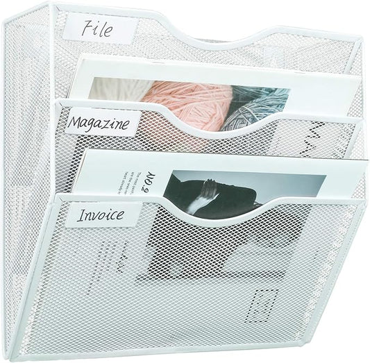 PAG Hanging Wall File Holder Mail Organizer Wall Mount Document Letter Rack, 3-Tier, White