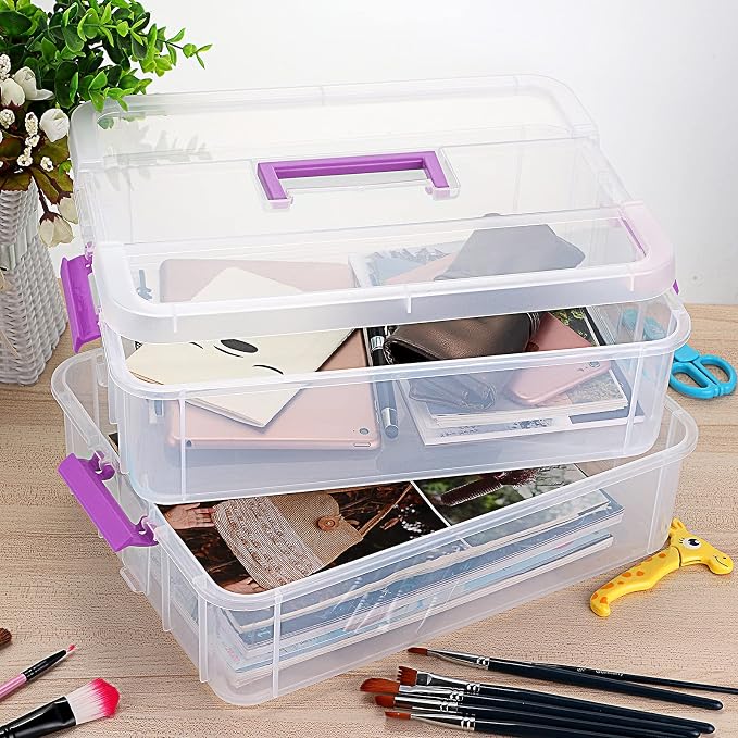 JUXYES 2-Tiers Plastic Stack Carry Storage Containers Box wih Handle Lids | Clear Stackable Latching Craft Storage Bin for School Office, Organizing Stationery, Sewing, Art Craft, DIY Supplies, Purple