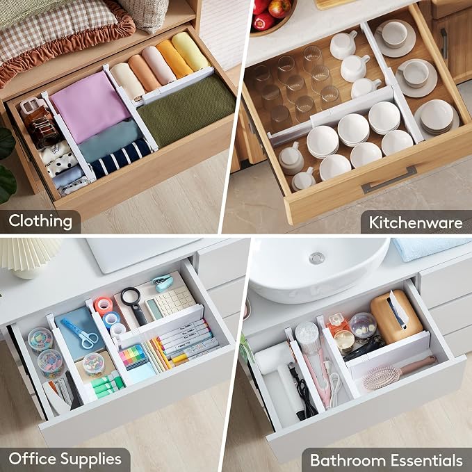 Lifewit 4 Pack Upgrade Drawer Dividers for Clothes, 4" High 11"-17" Adjustable Dresser Drawer Organizers, Expandable White Plastic Drawer Separators for Kitchen, Nursery, Office Organization & Storage