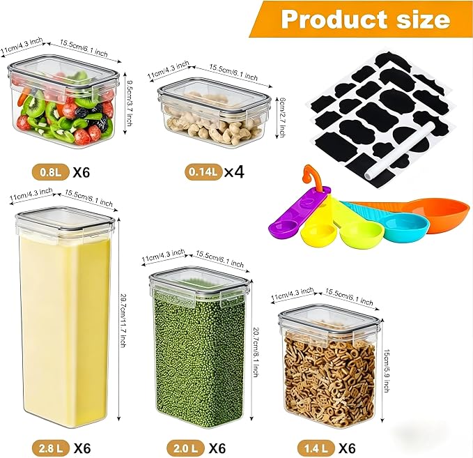 28pcs Airtight Containers, Clear Stackable Dry Food Storage | clear airtight containers with tight lids keep dry food fresh. Safe plastic, stackable for pantry kitchen storage