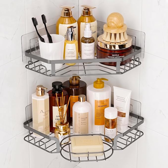 Corner Shower Caddy, Rustproof Shower Organizer with Soap Holder and 8 Hooks, No Drilling Adhesive Shower Shelves for Inside Shower, Large Capacity Shower Rack for Bathroom Shower Storage, Grey