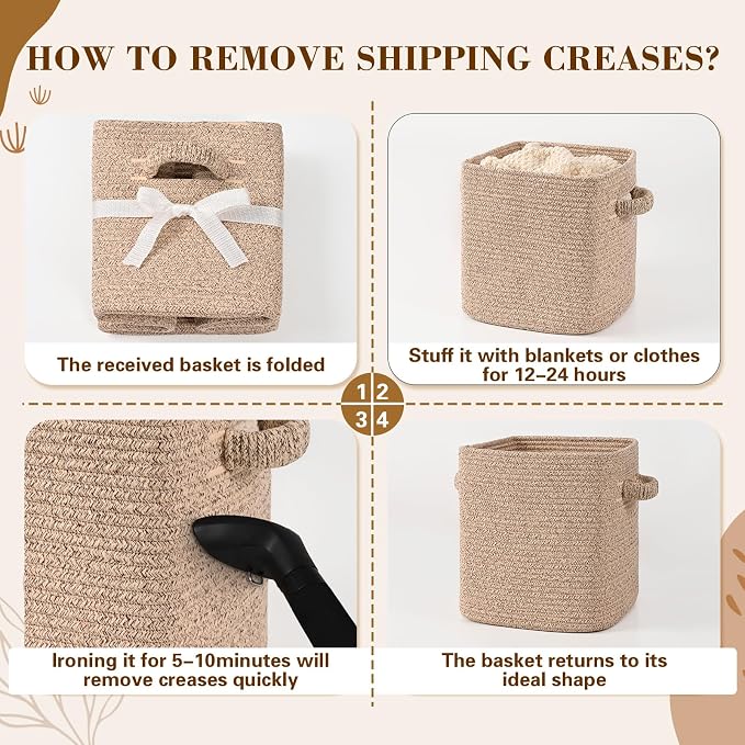 11 Inch Storage Cubes, 3 Pack Cube Storage Bins for Organizing, Cotton Rope Woven Baskets for Shelves, Bathroom, Kids Room, Closets, Baby Nursery