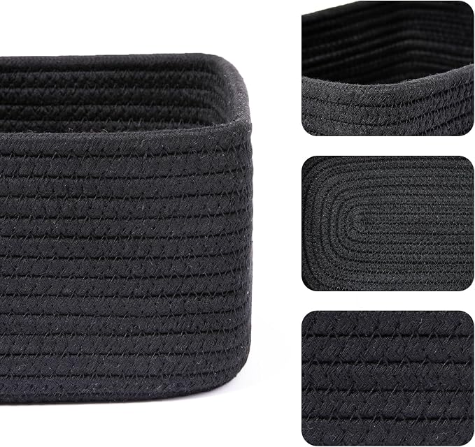 MiniArk Small Storage Baskets for Organizing | Closet Organizer Bins | Shelf Toy Basket | Woven Rope Baskets | Cube Decorative Box | Shallow Basket | 11.5x7.5x4.7” | 3 Packs Black