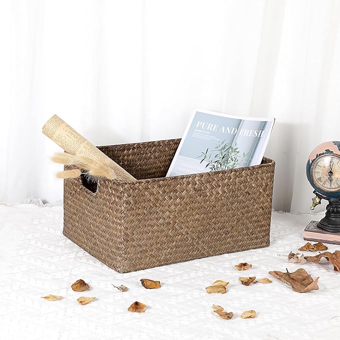 Hipiwe Wicker Storage Baskets Bin for Shelf Rectangular Seagrass Basket | Handwoven Opened Baskets Bin with Handle, Decorative Basket Box for Closet Bedroom Organizer