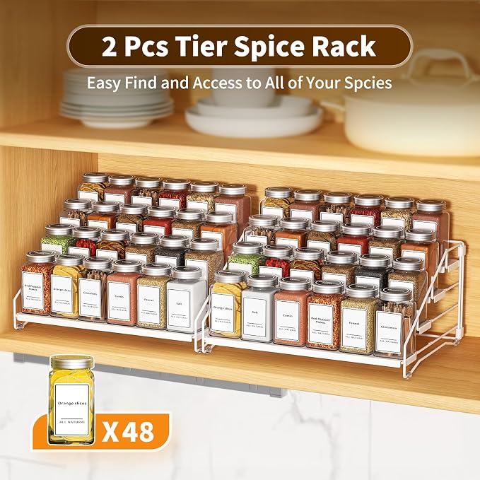 BOIVSHI Spice Organizer for Cabinet, Depth Adjustable Spice Rack, White | 4 Tier Spice Rack for Countertop, 2 Pack Spice Organization for Cabinet, Easy to Assemble Spice Cabinet Organizer