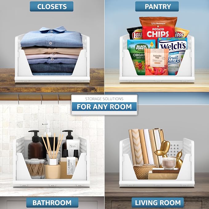 Sorbus 4 Pack Medium Shelf Organizer with Open Front Design Under Shelf for Closet Bathroom Kitchen Garage Plastic Stackable Storage Baskets