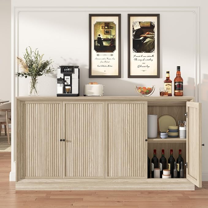 Hlivelood 63” Fluted Sideboard Buffet Cabinet with Storage, Mid Century Modern Wooden Credenza with 4 Doors & Adjustable Shelves, Beveled Edge Storage Cabinet for Kitchen, Living Room (Natural Oak)
