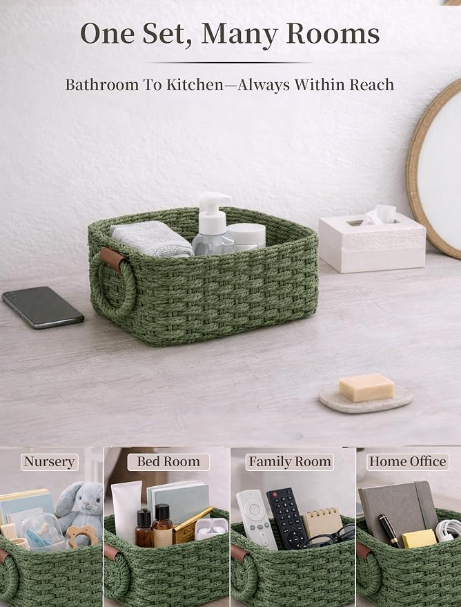 Small Wicker Baskets, 3 PCS Paper Rope Baskets for Shelves, Green | Recycled Small Baskets, 3 Sizes Woven Baskets for Organizing, Decorative Storage Baskets for Bedroom and Bathroom