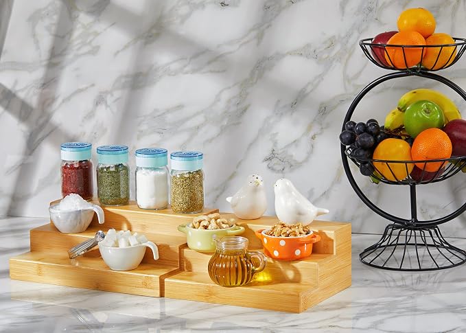 Bamboo Expandable Spice Rack Organizer, 3-Tier Adjustable Kitchen Cabinet | Countertop Display Shelf, Space Organizer for Kitchen and Bathroom