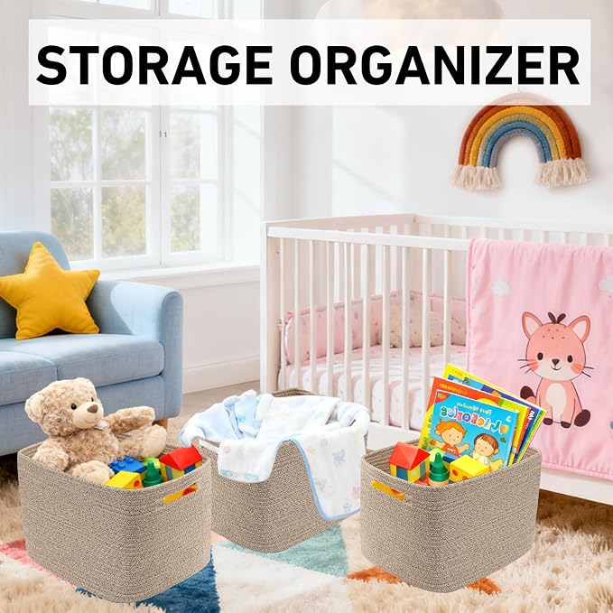 3 Pack Woven Baskets,Storage Baskets for Shelves with Handles | 13.5"×11"×9.5", Closet Baskets, Nursery Organizer for Toys Towels Books, Storage Bin for Living Room Bedroom (Mixed Brown)