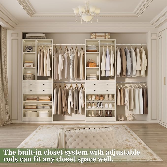 Besiost Closet System, Up to 134"/11.2 FT Closet Organizer with 4 Wooden Drawers and Shelves, Walk-in Closet System with 6 Hanging Rods, Built-in Closet Can Fit 96"/8FT, 120"/10FT, Greige Oak Set 2