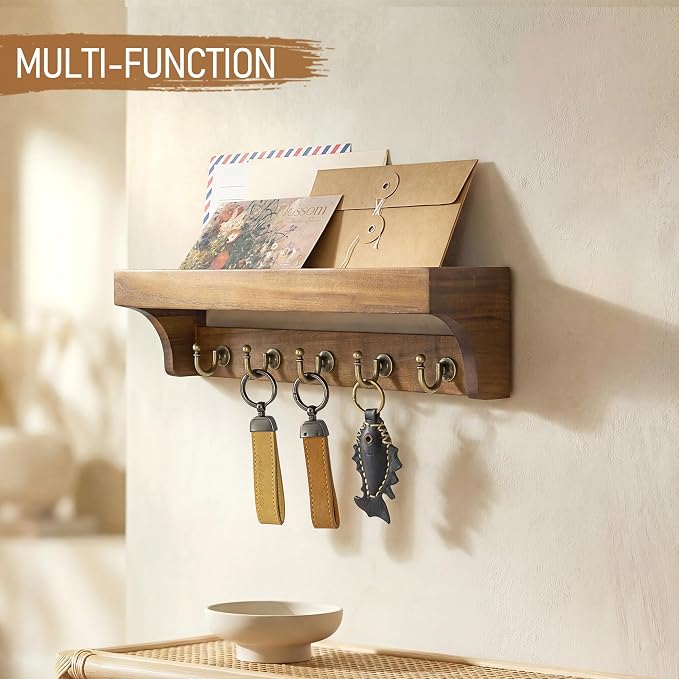 Rebee Vision Acacia Wood Key Holder Wall Mount for Room Decor, Brown | 5 Key Hooks, Cute Item Display, Retro Key Holder for Wall, Stylish Apartment Storage, Practical Everyday Organization