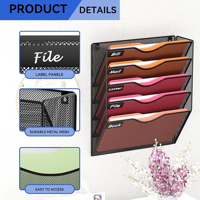 5 Pockets Hanging Wall File Organizer Mail Holder, Wall Mounted Paper Document Folder Holder, Clipboard Storage Organization Magazine Rack, Black