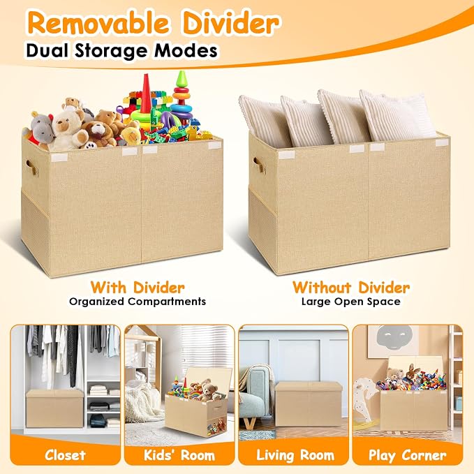 Large Toy Storage Box with Lid Upgraded Toy Chest Organizer with Removable PP Divider Foldable Toy Bin for Kids Boys Girls Linen Fabric Toy Box for Playroom Nursery Bedroom (25"x13"x16")