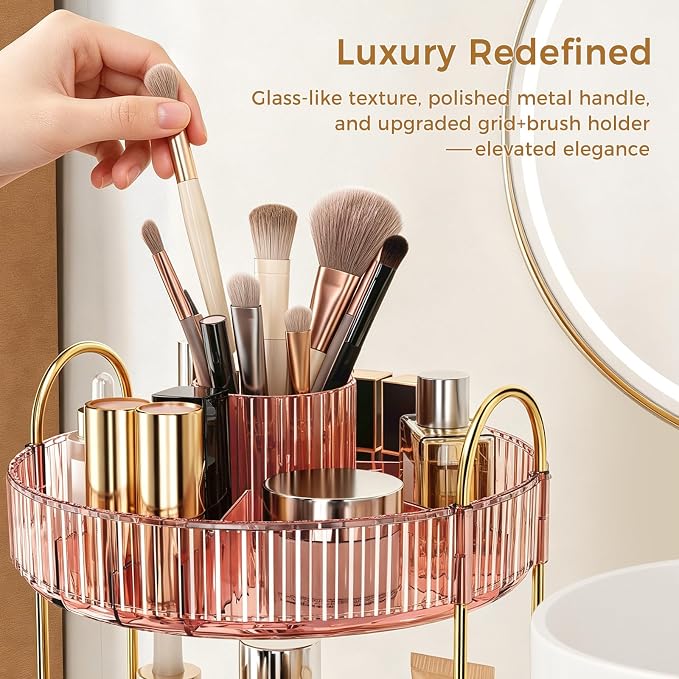 360° Rotating Makeup Organizer, Upgraded 3 Tier Skincare Perfume Organizers for Women, Bathroom Organizer Countertop, Clear Cosmetic Dresser Organizer with Makeup Brush Holder Counter(Clear Pink)
