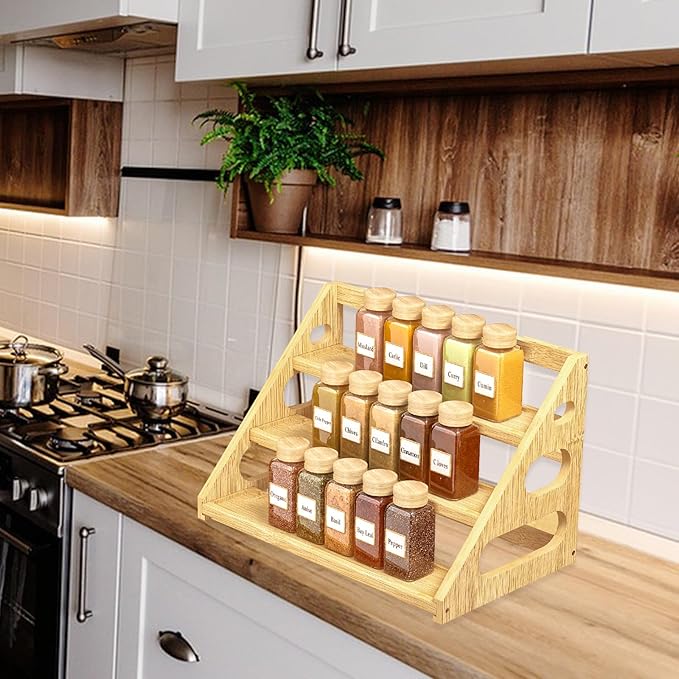Spice Rack - Tiered Spice Rack Organization for Cabinet - 3 Tier Bamboo Display Spice Shelf for Countertop