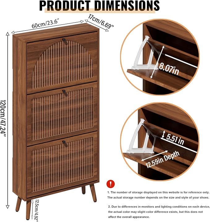 Fsbecl Shoe Storage Cabinet for Entryway with 3 Flip Drawers, Walnut | Narrow Single Layer Design, 23.6'' Freestanding Shoe Rack, Wooden Hidden Organizer for Hallway Foyer, 6-9 Pairs
