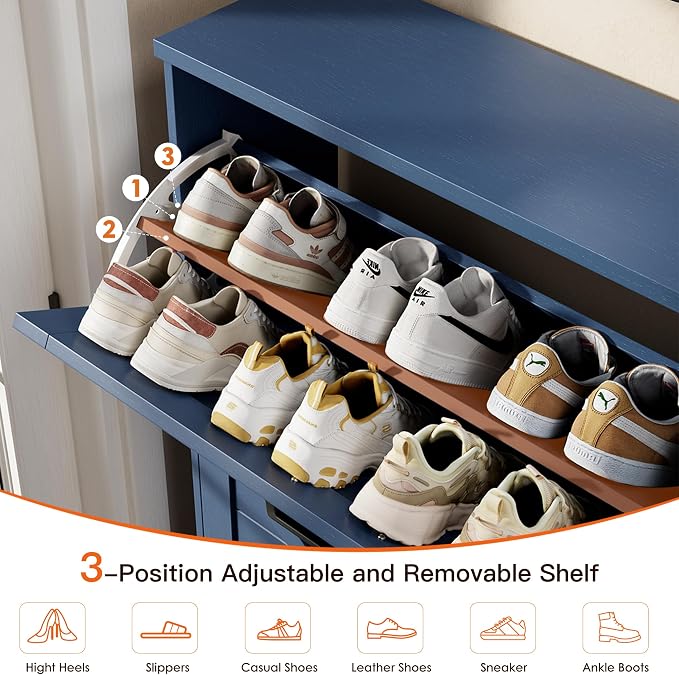 Shoe Cabinet for Entryway, 3 Flip Drawers Shoe Storage Cabinet with 3-Tier Adjustable Shelves, Ultra Slim Freestanding Hidden Shoe Organizer with Barn Door Design, Navy Blue