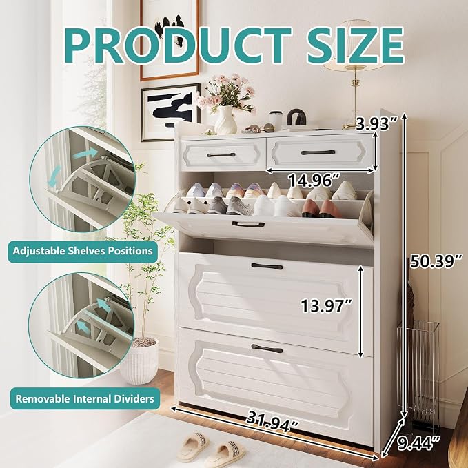 ODUWA Shoe Cabinet with 3 Flip Drawers and 2 Storage Drawers, Shoes Organizer Cabinets with Adjustable Divider, Hidden Shoe Rack Shoe Storage Cabinet for Entryway, Hallway, White