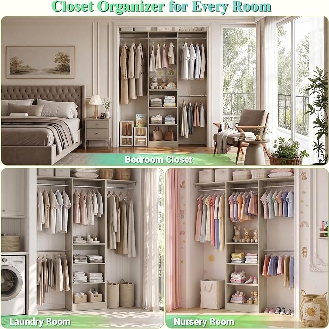Besiost 48" Closet Organizer System, 4FT Closet System for Small Closets with 4 Hanging Rods & 3 Shelves, 80"H Small Closet Organizers and Storage for Bedrooms, Cloakrooms, White Oak