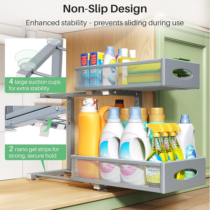 2 Pack Under Sink Organizer, 2 Tier Pull out Cabinet Organizer Mesh Baskets with 5 Adjustable Heights, Sliding Drawers Storage Shelf for Home, Kitchen, Bathroom, Pantry, Office, Countertop ,Grey