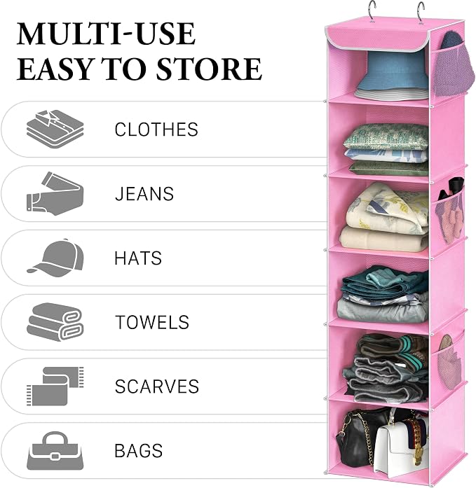 Simple Houseware 6 Shelf Hanging Closet Organizer, Pink | 360° Rotating Dual Hooks, Top Support Metal Frame, 6 Side Mesh Pockets