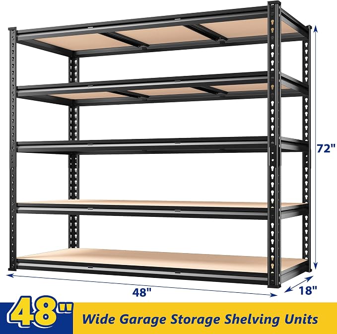 REIBII 3000LBS Garage Shelving for Warehouse, 5 Tier Heavy Duty Shelving | 48"W x 18"D x 72"H, 5-Tier Adjustable Shelves, Freestanding, Solid Steel Frame, Rust-Resistant, Tool-Free Easy Assembly