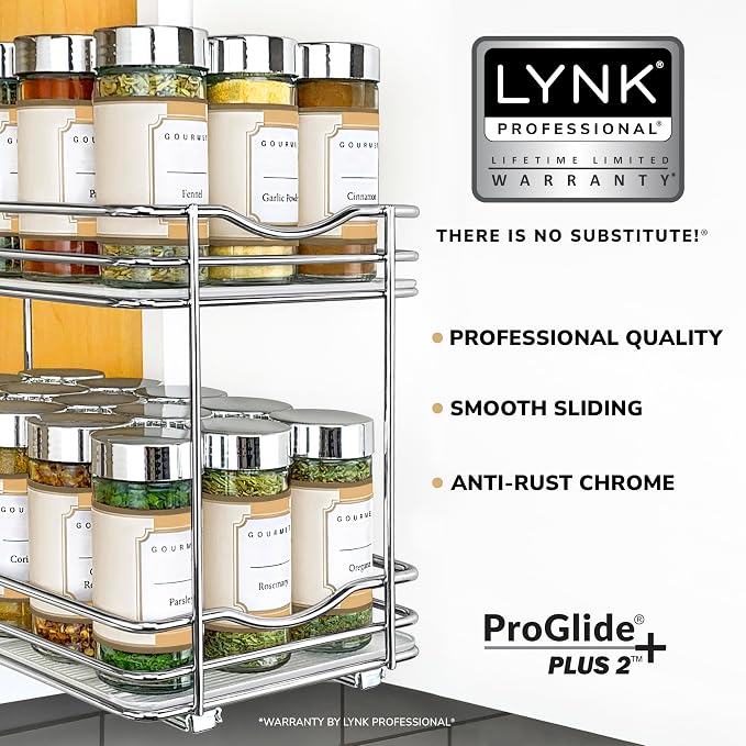 LYNK PROFESSIONAL® Pull Out Spice Organization for Cabinets - 6-3/8 inch Wide – Spice Rack for Inside Cabinets, Slide Out Spice Rack Organizer for cabinet – Pull Out Spice Rack, Sliding 2 Tier Chrome