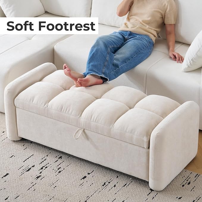 Oversized Ottoman Bench with Storage, Chenille Beige | Oversized Storage Bench，Ottoman Foot Rest