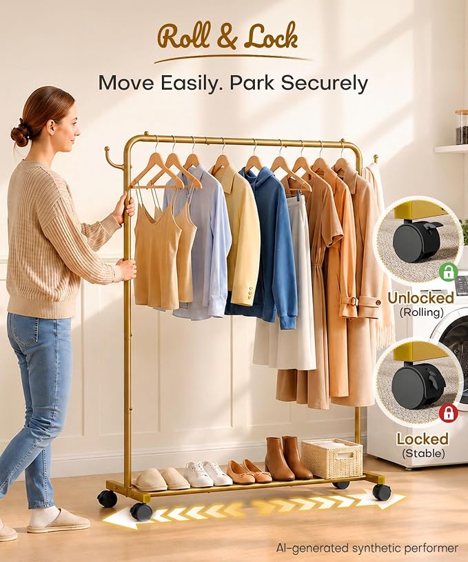 Homde Portable Clothes Rack for Bedroom: 4 Lockable Wheel Move Room-to-Room | Laundry to Closet in 1 Smooth Roll - No Heavy Lifting for Renters & Movers - 88 lbs Hanging Rod for Garment Coat to T-Shirt