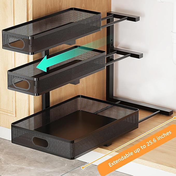 Under Sink Organizer, 3-tier Under Sink Storage Organizer Adjustable Height Easy Assembly Pull Out Cabinet Organizers Basket for Bathroom Kitchen Pantry Home Organization