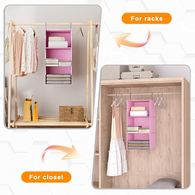 Hanging Closet Organizer 3-Shelf, Oxford Fabric Wardrobe Storage, Pink | Easy-mount foldable design holds clothes, handbags, shoes & accessories; washable Oxford fabric, sturdy and space-saving.