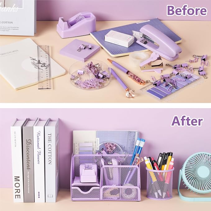 Fayoo 15 Pcs Purple Office Supplies Set Mesh Desk Organizer Accessories Kit | Include Stapler, Tape Dispenser, Staple Remover, Clips, Ruler, Scissors, Sticky Notes, for Office, School, Home, Women