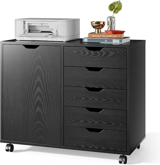DEVAISE 5-Drawer Wood Drawer Cabinet, Office Storage Cabinet, Black | Craft Storage Cabinet, Under Desk Drawer, Rolling Cart Furniture, Adjustable Shelf & Wheels, Printer Stand, Home Office