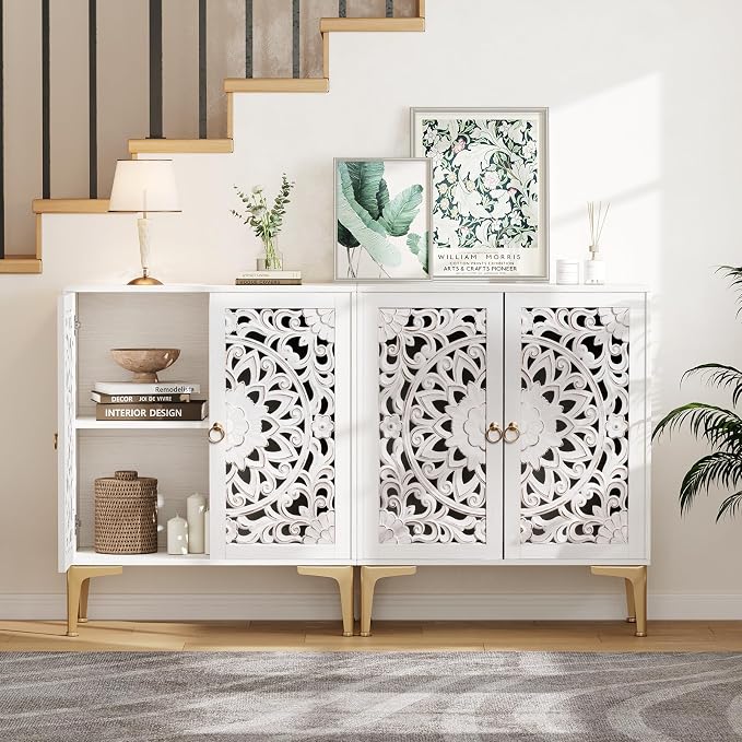 JOINICE 31.5" White Accent Cabinet with Carved Doors & Storage, Gold Legs | Carved Floral Design, Boho/Farmhouse/Rustic Style, Versatile Storage for Living Room & Bedroom & Hallway, Adjustable Shelf