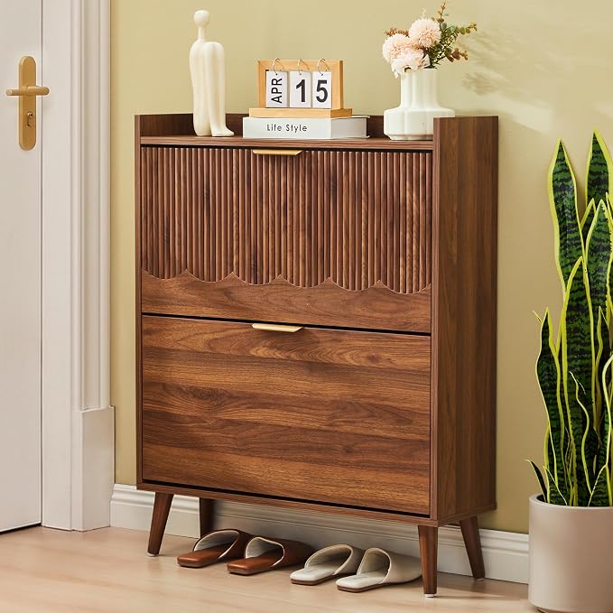 BERRYMERRY 30" Walnut Narrow Shoe Storage Cabinet with 2 Flip Drawers | narrow,entryway,adjustable feet,20 pairs shoe,shoe organize,hidden shoe rack,fluted panel,wave pattern,wood,space saving