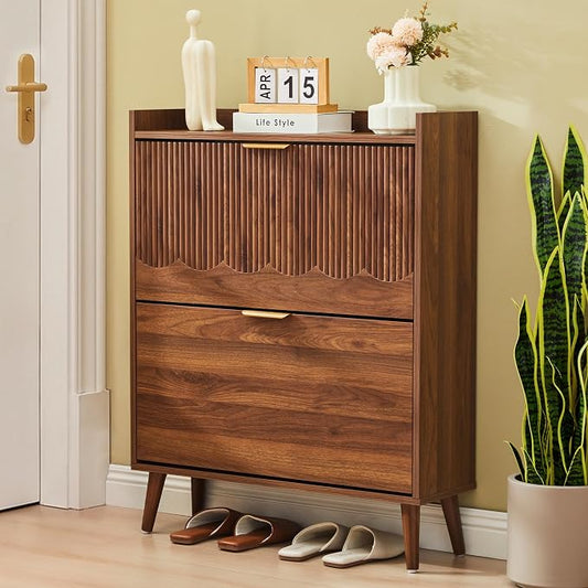 BERRYMERRY 30" Walnut Narrow Shoe Storage Cabinet with 2 Flip Drawers | narrow,entryway,adjustable feet,20 pairs shoe,shoe organize,hidden shoe rack,fluted panel,wave pattern,wood,space saving