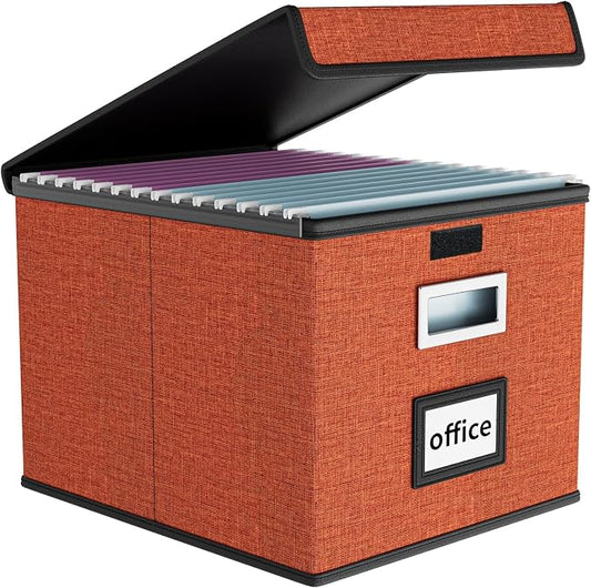 File Organizer Box with Lids, Collapsible File Folder Organizer | File Box with Plastic Slides for Document, Filing Bin for Letter Size Hanging File Folders (1 Pack, Reddish Organge)