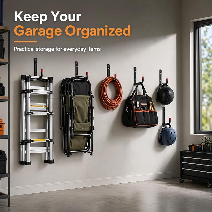 6 Pack Garage Hooks Heavy Duty, Utility Steel Hooks with EVA Foam Padding, 4.64inch Wall Mount J Organizer Hanger for Hanging Bikes Kayak Garden Tool Hose Bike Shelf
