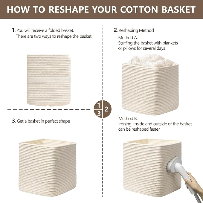 joybest 13inch Cube Storage Bins, Cotton Rope Woven Organizer Basket | Set of 4 Cube Bin Square Shelves Organizer Closet Storage, Nursery, Toy Organization, Beige