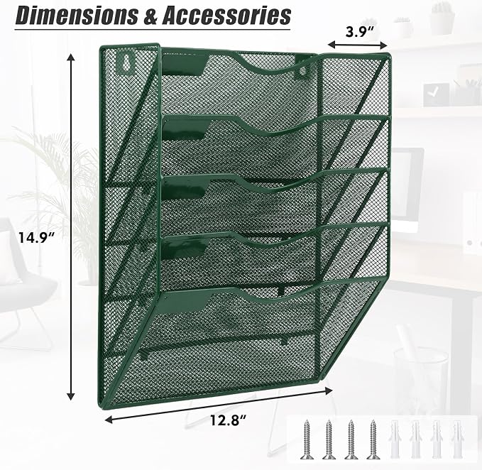 EASEPRES 5 Pocket Mesh Hanging File Organizer, Wall Mounted Mail Paper Document Folder Holder, Clipboard Storage Organization Magazine Rack with Nametag Label for Office Home School, Dark Green
