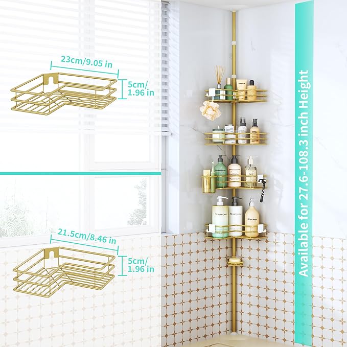 HapiRm Corner Shower Caddy Shelves - Shower Rack with Toothbrush Holder | Shower Organizer with Soap Holder and 4 Hooks,Rustproof Bathroom Storage Tension Pole Available for 27.6 to 108.3 Inch - Gold